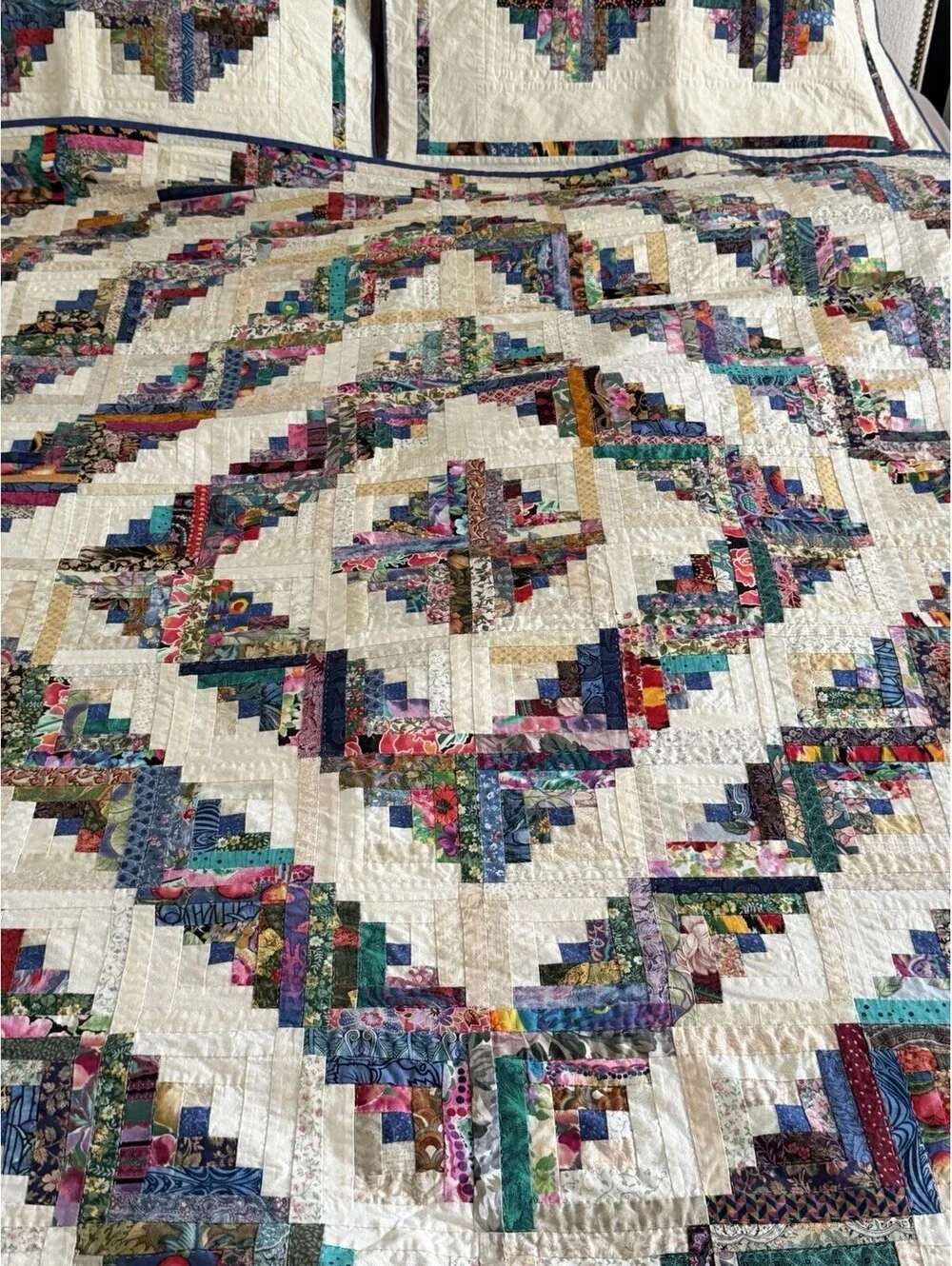 King 3pc Vintage Log Cabin Quilt Set Hand Quilted Scrappy Patchwork Shams 98x98